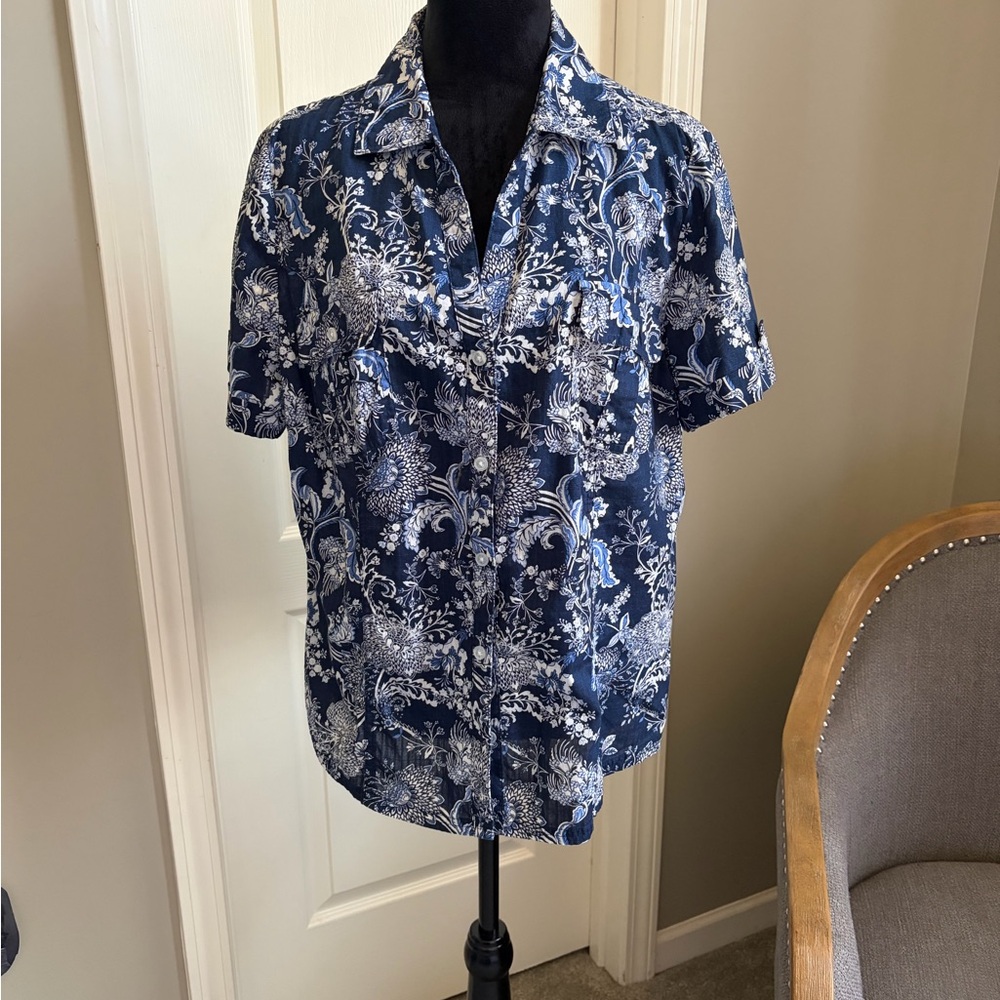 Karen Scott Navy and White Floral Blouse